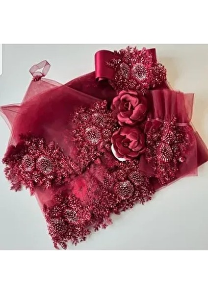 Gelin Duvağı Lüks Vip Duvak 5 Parça Set Duvak Takım Lüx Duvak Kına Malzemeleri Bordo