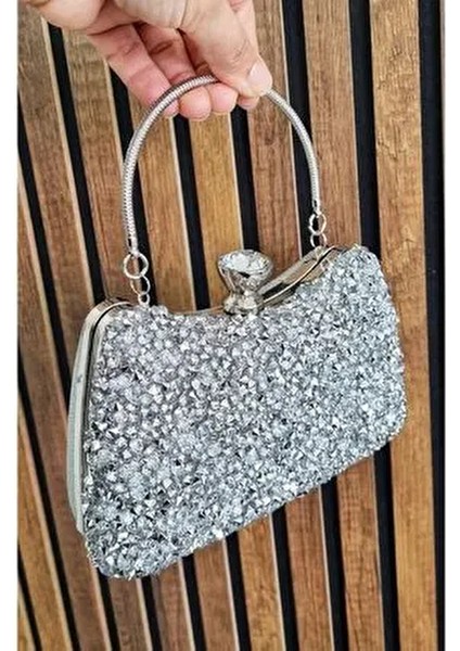 Kadın Gümüş Kristal Iri Taşlı Abiye Çantası Özel Gün Çantası