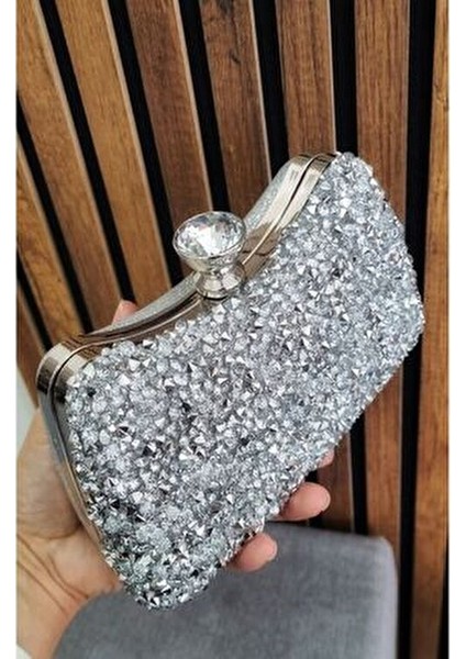 Kadın Gümüş Kristal Iri Taşlı Abiye Çantası Özel Gün Çantası modelleri