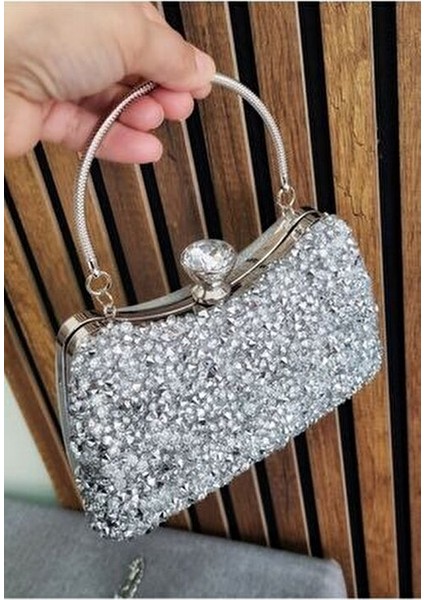 Kadın Gümüş Kristal Iri Taşlı Abiye Çantası Özel Gün Çantası fırsatları