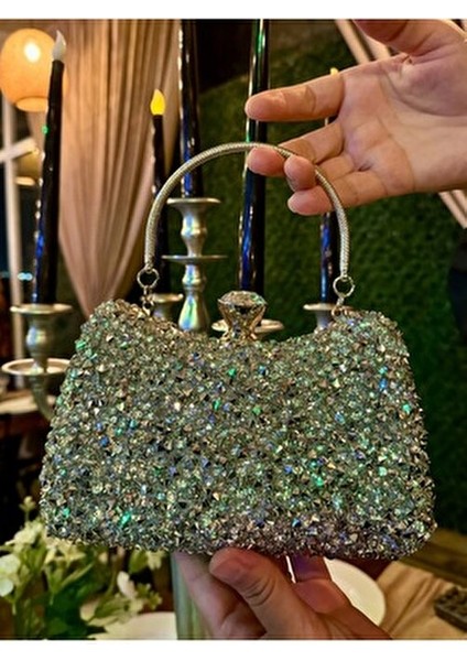 Kadın Gümüş Kristal Iri Taşlı Abiye Çantası Özel Gün Çantası