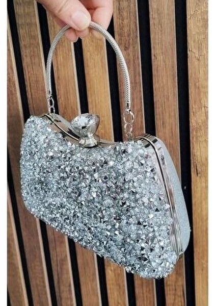 Kadın Gümüş Kristal Iri Taşlı Abiye Çantası Özel Gün Çantası