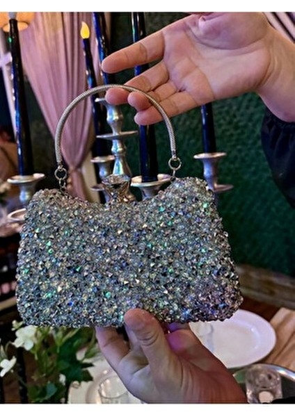 Kadın Gümüş Kristal Iri Taşlı Abiye Çantası Özel Gün Çantası