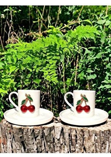 2 Kişilik Beyaz Porselen Fenomen Kiraz Kahve Fincan Takımı Sunum Fincanı