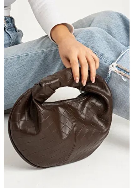 Kadin Mini Baget Dügüm Detaylı Fermuarlı El Çanta Örgü Desenli