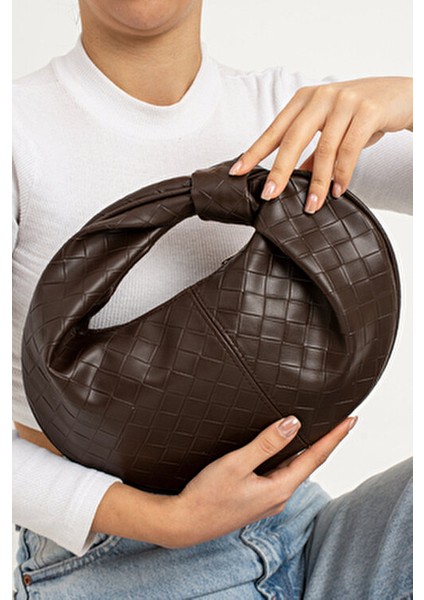 Kadin Mini Baget Dügüm Detaylı Fermuarlı El Çanta Örgü Desenli fiyatları