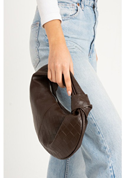 Kadin Mini Baget Dügüm Detaylı Fermuarlı El Çanta Örgü Desenli modelleri