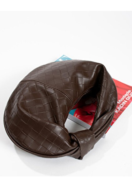 Kadin Mini Baget Dügüm Detaylı Fermuarlı El Çanta Örgü Desenli fırsatları