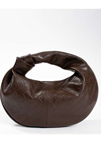 Kadin Mini Baget Dügüm Detaylı Fermuarlı El Çanta Örgü Desenli