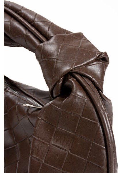 Kadin Mini Baget Dügüm Detaylı Fermuarlı El Çanta Örgü Desenli