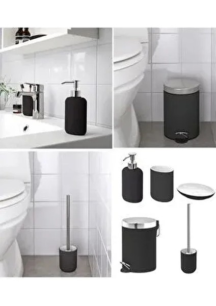 5'li Banyo Seti Çöp Kovası (Çelik) - Diş Fırçalık Sabunluk Tuvalet Fırçası (Porselen) Siyah