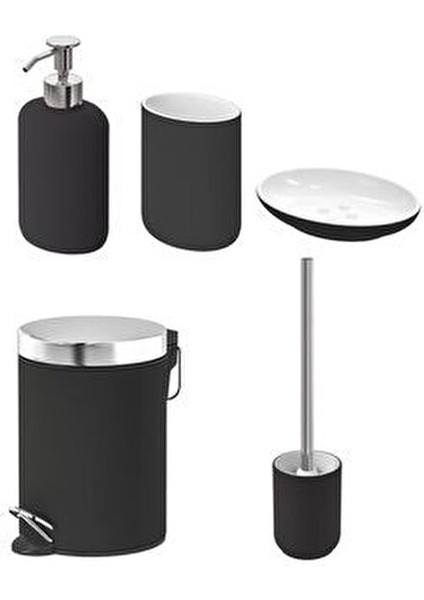 5'li Banyo Seti Çöp Kovası (Çelik) - Diş Fırçalık Sabunluk Tuvalet Fırçası (Porselen) Siyah fiyatları
