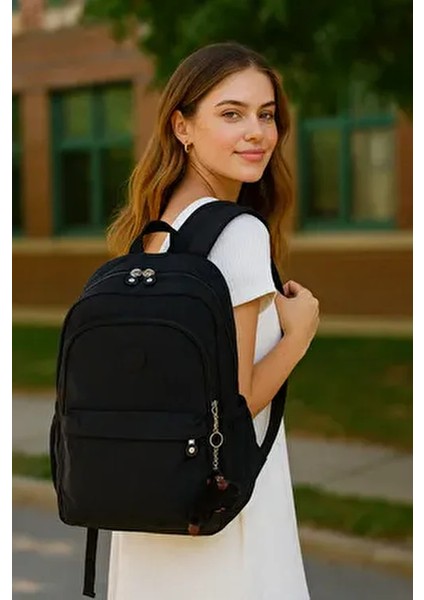 Unisex Büyük Boy Çok Gözlü Okul Seyahat Sırt Çantası Siyah Krinkıl Su Geçirmez Tekstil