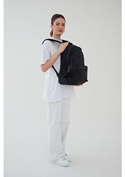 Unisex Büyük Boy Çok Gözlü Okul Seyahat Sırt Çantası Siyah Krinkıl Su Geçirmez Tekstil indirimleri