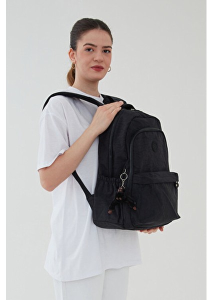 Unisex Büyük Boy Çok Gözlü Okul Seyahat Sırt Çantası Siyah Krinkıl Su Geçirmez Tekstil