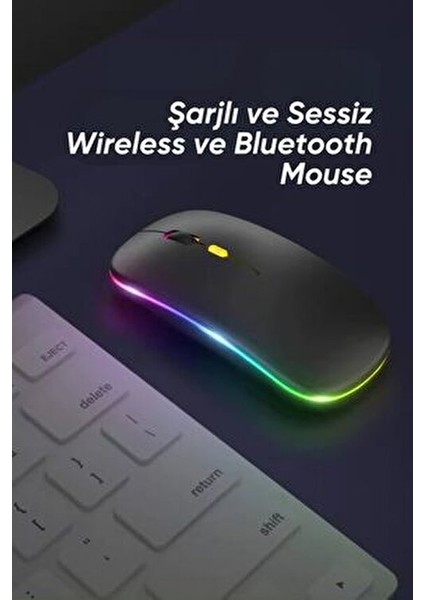 Ekru Kablosuz Wireless 2.4g Bluetooth Sessiz Mouse Şarj Edilebilir Ergonomik Tasarımlı Rgb Renkli