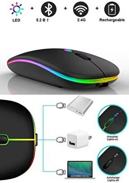 Ekru Kablosuz Wireless 2.4g Bluetooth Sessiz Mouse Şarj Edilebilir Ergonomik Tasarımlı Rgb Renkli fırsatları