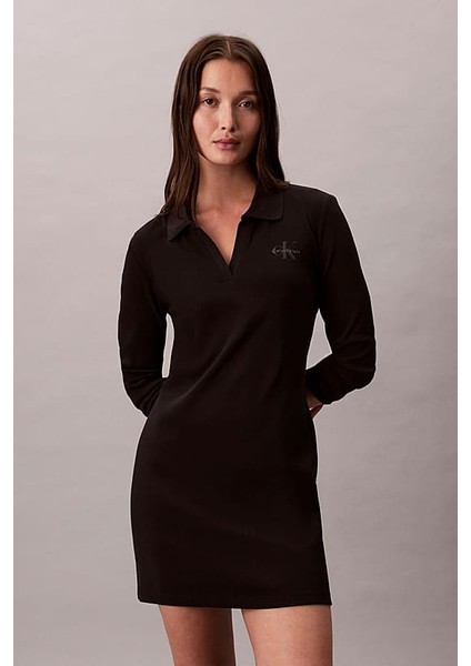 Kadın Regular Fit Polo Yaka Fitilli Mini Elbise - Siyah