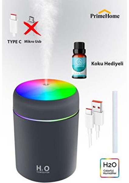 H2O 300 ml Type C Girişli Ultrasonik Hava Nemlendirici Koku Hediye Antrasit