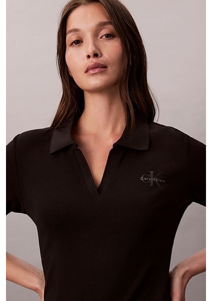 Kadın Regular Fit Polo Yaka Fitilli Mini Elbise - Siyah indirimleri