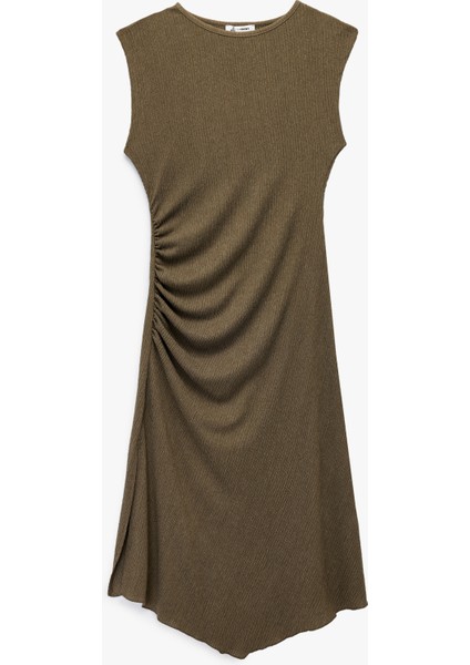 Kolsuz Bisiklet Yaka Asimetrik Bürümcük Drapeli Midi Elbise modelleri