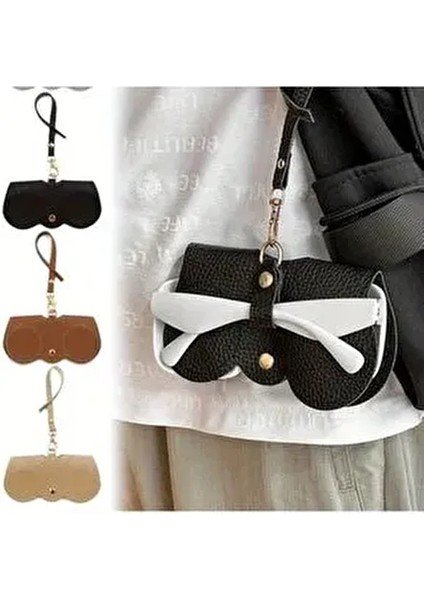 Gözlük Çantası Taşınabilir Zincir Saplı Gözlük Kılıfı Yumuşak Deri Siyah Renk Çift Korumalı