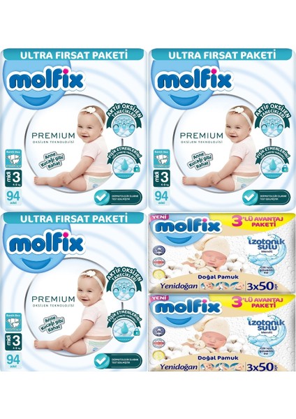 Premium Bebek Bezi Beden:3 (4-9kg) Midi 282 Adet Ultra Fırsat Pk + 6 Adet Islak Mendil