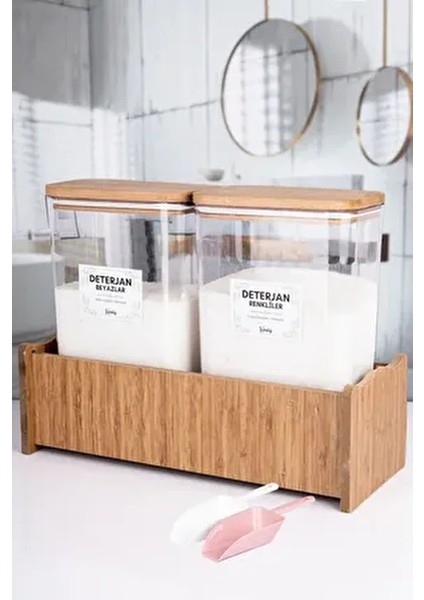 2 ' Li Ahşap Standlı Ahşap Vakumlu Kapaklı Deterjan Kutusu Kavanozu 3000 ml Renkliler Beyazlar Mika