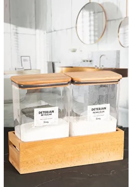 2 ' Li Ahşap Standlı Ahşap Vakumlu Kapaklı Deterjan Kutusu Kavanozu 3000 ml Renkliler Beyazlar Mika fiyatları