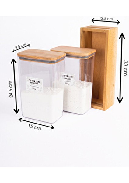 2 ' Li Ahşap Standlı Ahşap Vakumlu Kapaklı Deterjan Kutusu Kavanozu 3000 ml Renkliler Beyazlar Mika modelleri