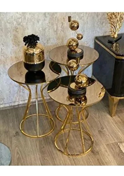 Zigon Sehpa Takımı Vazo Kum Saati Zigon Sehpa Üçlü Gold