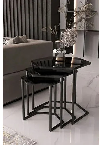 Usta Altıgen Siyah Metal Siyah Cam 3lü Zigon Sehpa
