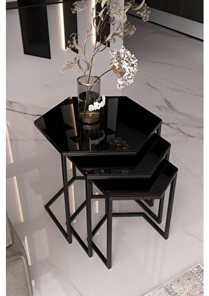 Usta Altıgen Siyah Metal Siyah Cam 3lü Zigon Sehpa modelleri