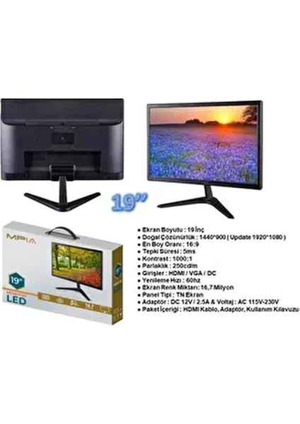 19'' Monitör, 1920X1080 Çözünürlük, 5ms Tepki Süresi, 75Hz , HDMI & Vga, 12 Volt, Full Hd fiyatları