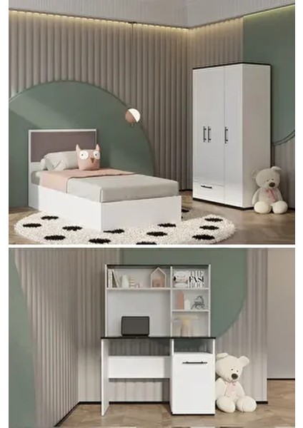 Still Genç Çocuk Odası Takımı Karyola+Başlık&gardırop&çalışma Masası - Beyaz Mermer Desen