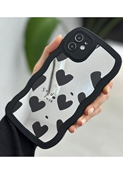 Iphone 11 Uyumlu Aynalı Siyah Kalp Tasarım Dalgalı Kenar Darbe Önleyici Silikon Kılıf modelleri