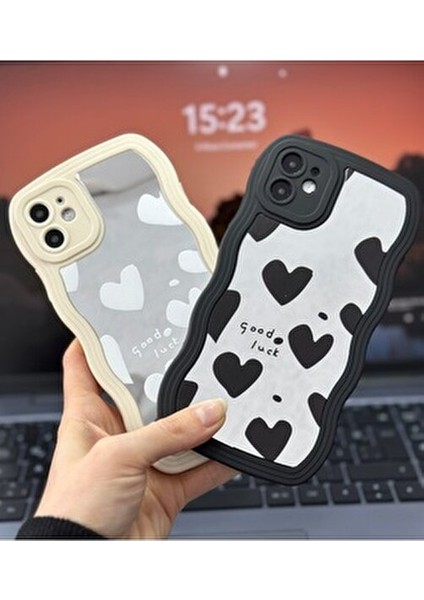 Iphone 11 Uyumlu Aynalı Siyah Kalp Tasarım Dalgalı Kenar Darbe Önleyici Silikon Kılıf