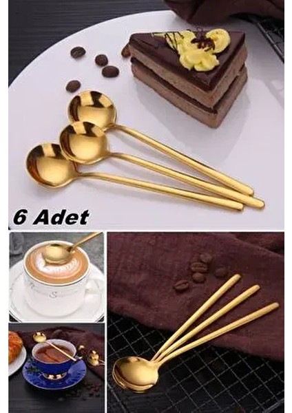 6 Adet Lüx Paslanmaz Çelik Kaşık Gold Uzun Saplı Yuvarlak Tatlı Kaşığı Kahve Dondurma Espresso Kaşık