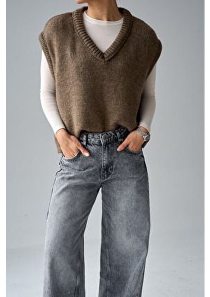Kadın Vizon V Yaka Fitilli Kenarlı Kolsuz Süveter