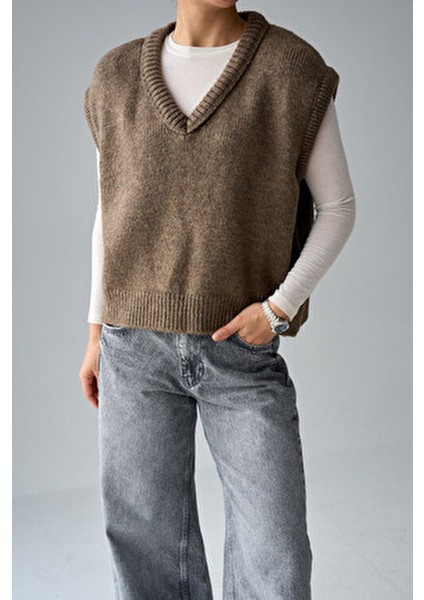 Kadın Vizon V Yaka Fitilli Kenarlı Kolsuz Süveter modelleri