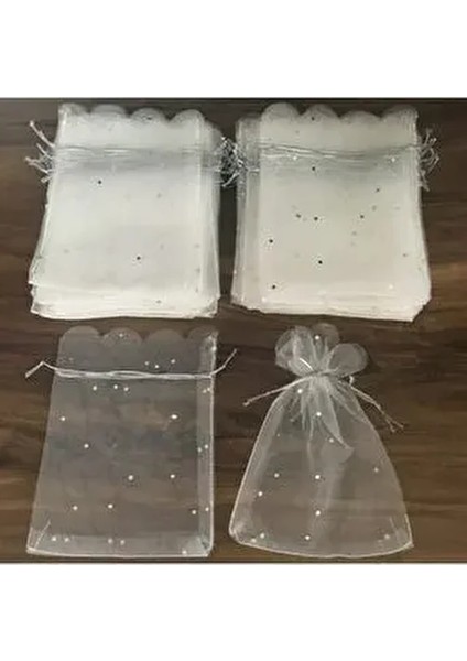 100’LÜ Kırık Beyaz Tül Kese Organze Pullu Çerez Kesesi 12X14 cm (100 Adet)