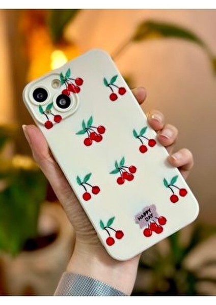 Iphone 13 ve 14 Uyumlu Kiraz Desenli Içi Kadife Kılıf