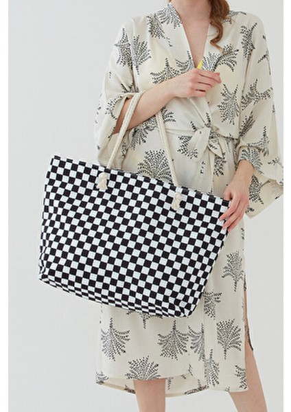 Kadın Plaj Çantası Çok Renkli Fermuarlı Damalı Yeni Sezon 2025 Summer