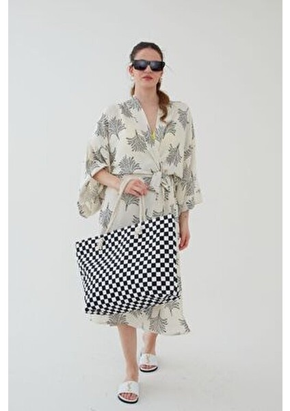 Kadın Plaj Çantası Çok Renkli Fermuarlı Damalı Yeni Sezon 2025 Summer