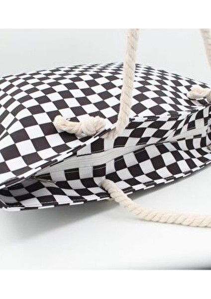 Kadın Plaj Çantası Çok Renkli Fermuarlı Damalı Yeni Sezon 2025 Summer