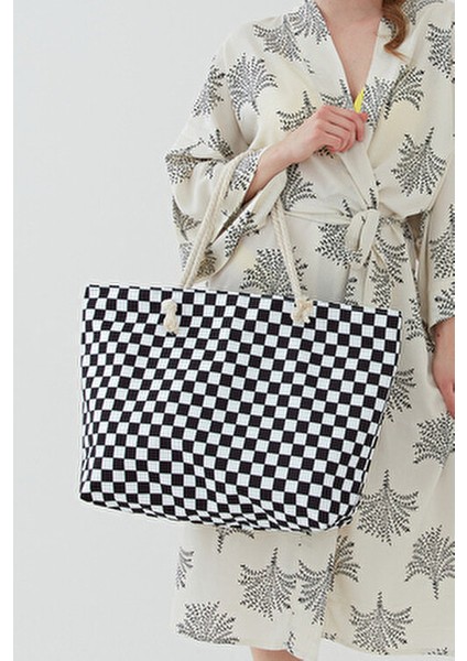 Kadın Plaj Çantası Çok Renkli Fermuarlı Damalı Yeni Sezon 2025 Summer