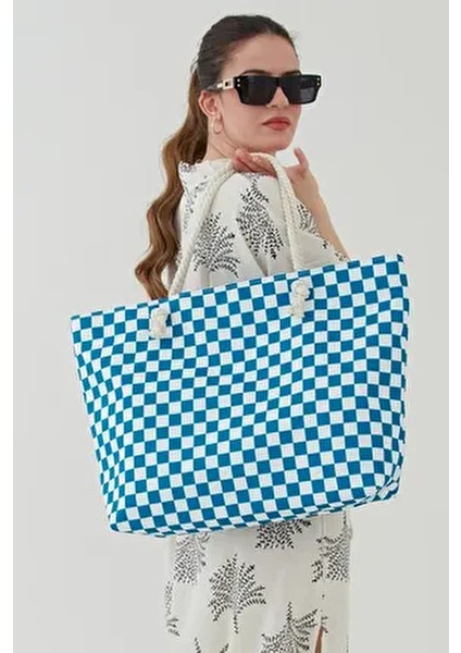 Kadın Plaj Çantası Çok Renkli Fermuarlı Damalı Yumuşak Saplı Yeni Sezon 2025 Summer