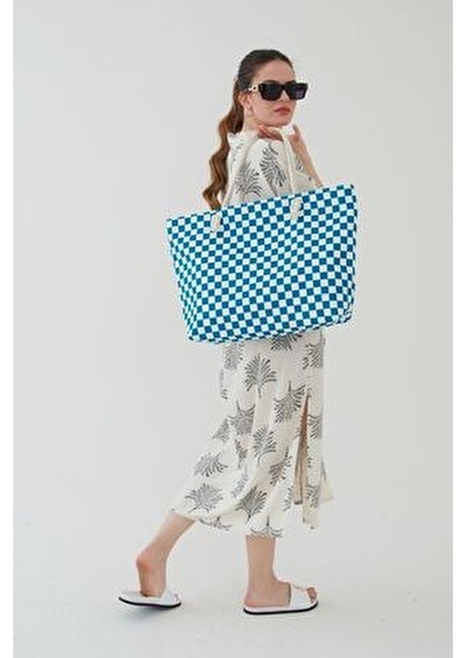 Kadın Plaj Çantası Çok Renkli Fermuarlı Damalı Yumuşak Saplı Yeni Sezon 2025 Summer modelleri