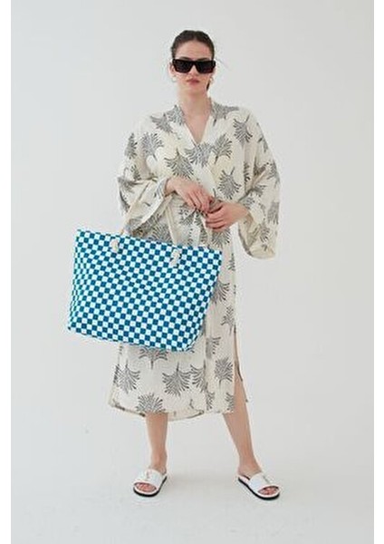 Kadın Plaj Çantası Çok Renkli Fermuarlı Damalı Yumuşak Saplı Yeni Sezon 2025 Summer indirimleri