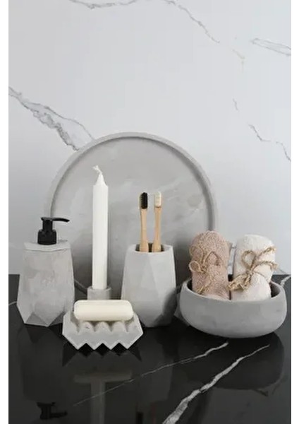 6 Parça Mermer Desenli Beton Banyo Seti Katı Sıvı Sabunluk Diş Fırçalığı Havluluk Tütsülük Tepsi
